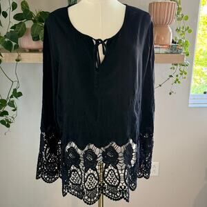 Boho Crochet Bell Long Sleeve Black Top XL Whimsygoth, Artsy Soft Grunge Fall